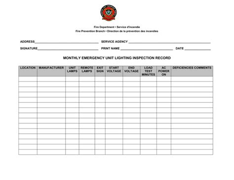 Monthly Emergency Unit Lighting Inspection Record