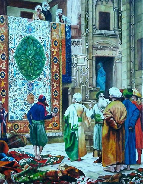 An Oil Painting Of People Standing In Front Of Rugs