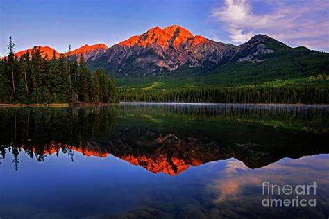 Sunrise Glowing On Pyramid Mountain At Pyramid Lake Jasper National