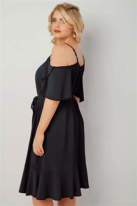 Black Cold Shoulder Swing Dress With Frill Hem Plus Size 16 To 36