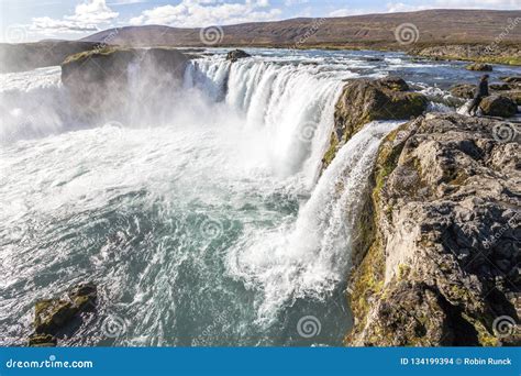 Panorama View On Beautiful Godafoss Waterfall Iceland Stock Photo