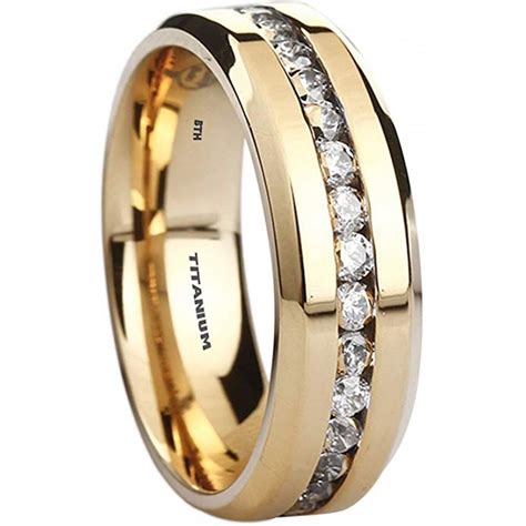 Mens Classic Titanium Gold Cubic Zirconia Engagement Ring Wedding Band