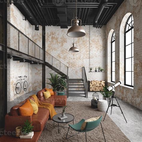 Industrial Loft Living Room Interior With Sofalamp And Brick Wall3d
