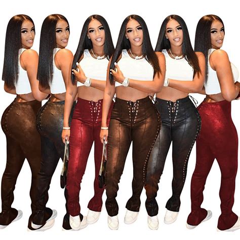 spring brown pu leather trousers women sexy hollow out lace up high waist split pants woman