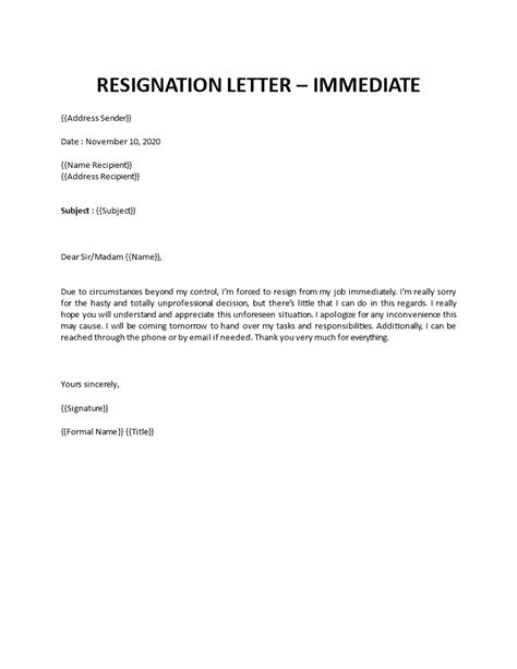 Resignation Letter Template Immediate Effect