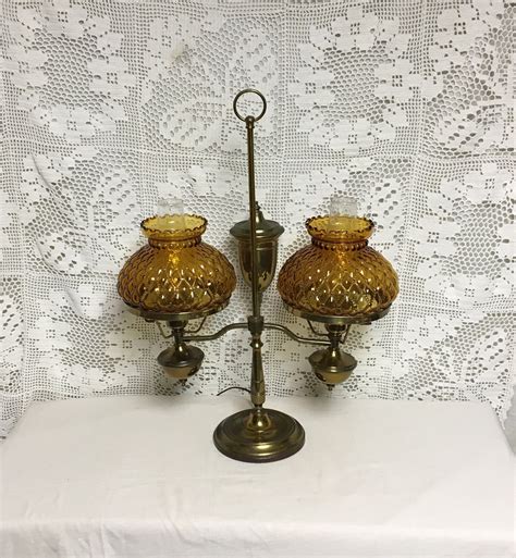 Antique industrial 1920 / 30s bankers desk lamp. Vintage Brass Electric 2 Arm Student Lamp with Amber Glass ...