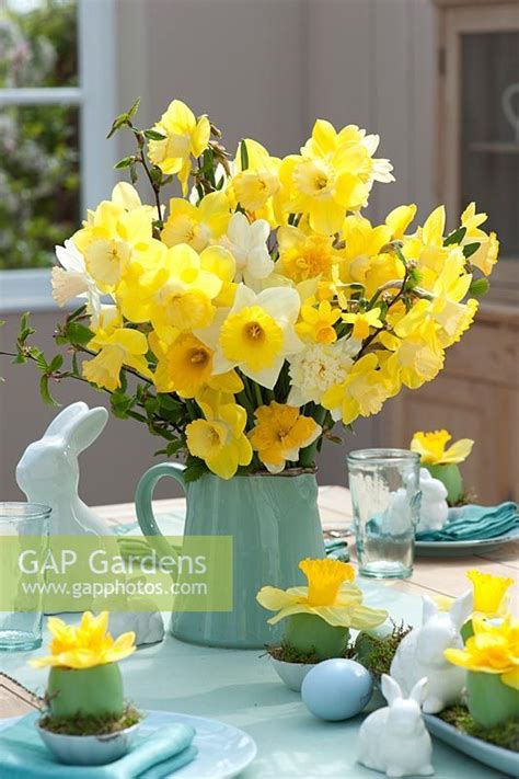 Easter Table With Daffodils And Easter Bunnies Bunch Of Narcissus