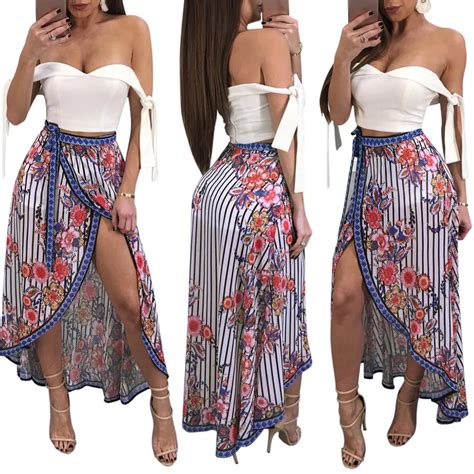 2019 Women Floral Print Skirt Open Front Side Tie High Waist Asymmetric