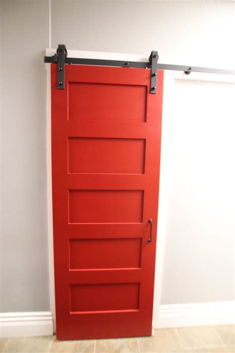 Five Panel Bright Red Barn Door With Black Hardware Custom Interior