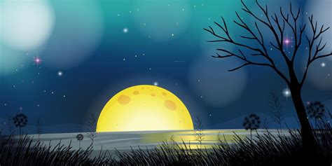Night Scene With Moon And Lake Vector Art At Vecteezy