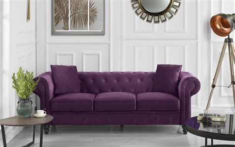 Classic Chesterfield Couch in Velvet Scroll Arm Tufted Button Sofa