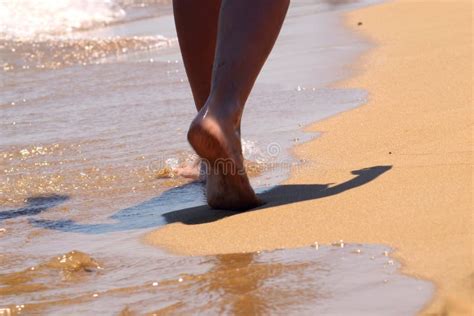 Woman Walking Barefoot On The Sand Leaving Footprints On The Golden Beachfemale Legs Walk By
