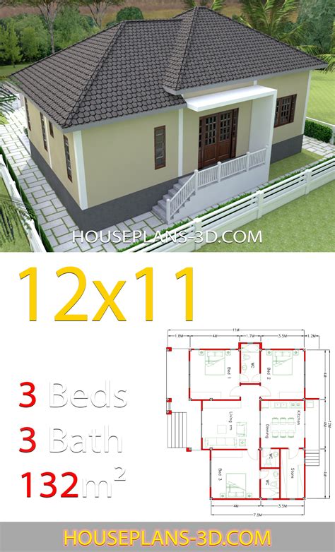 Projects made from these plans. Home design 12x11 with 3 Bedrooms Hip roof - House Plans 3D