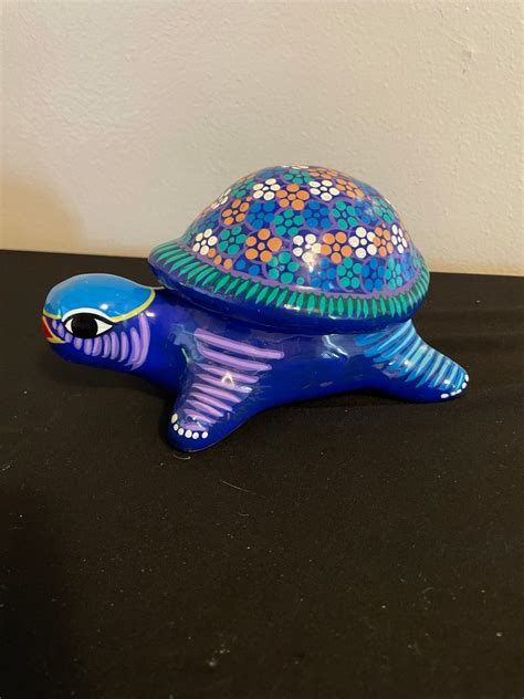 Vintage 80s Hand Painted Ceramic Turtle Decorative Trinket Box Etsy