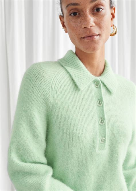 Collared Wool Blend Ribbed Sweater Mint Green Sweaters And Other