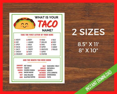 Whats Your Taco Name Cinco De Mayo Printable Game Etsy