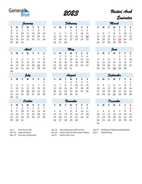 2023 United Arab Emirates Calendar With Holidays