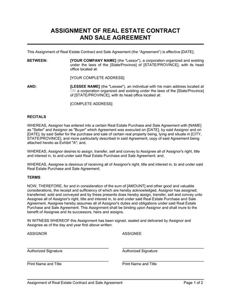 Assignment Of Real Estate Contract And Sale Agreement Template By