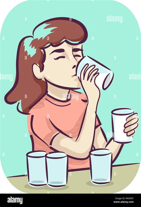 Illustration Of A Girl Drinking Several Glasses Of Water Due To