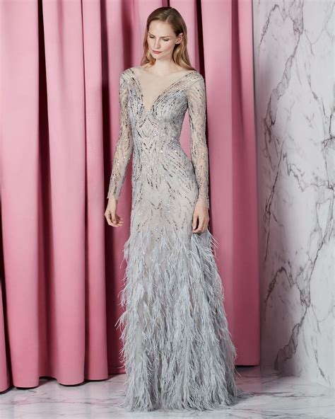 Monique Lhuillier Embellished Long Sleeve Illusion Evening Gown With