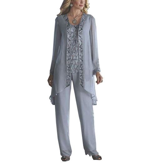 Womens Chiffon Pant Suits Plus Size 3 Pieces With Long Sleeves Jacket