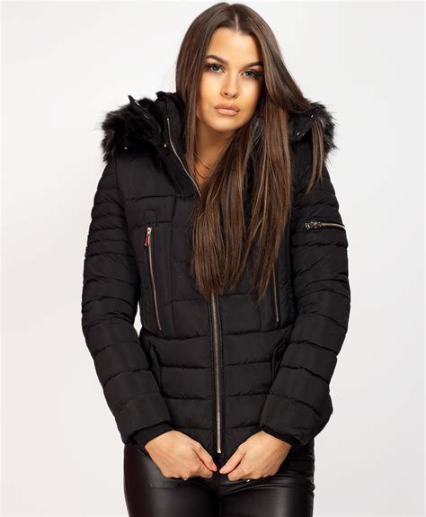 Ladies Women Quilted Puffer Bubble Padded Warm Chunky Fur Hood Thick