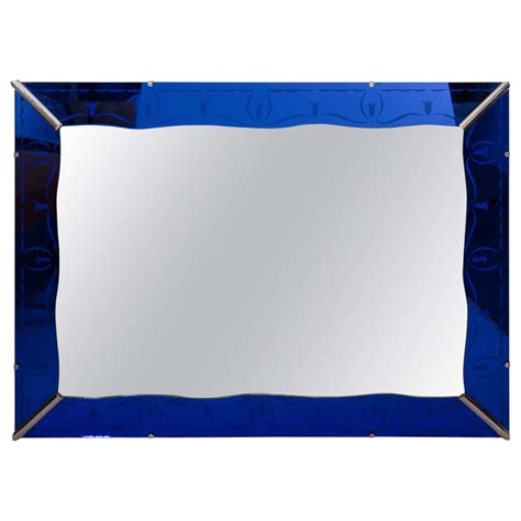 Art Deco Cobalt Blue Wall Mirror With Etched Border Blue Wall Mirrors