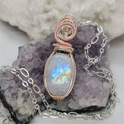 Rbm Rainbow Moonstone Necklace Wire Wrapped Necklace Wire Etsy In