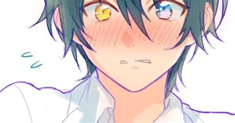 Anime Boy Blushing Two Different Colored Eyes Yellow Eye Blue Eye Black Hair White Shirt
