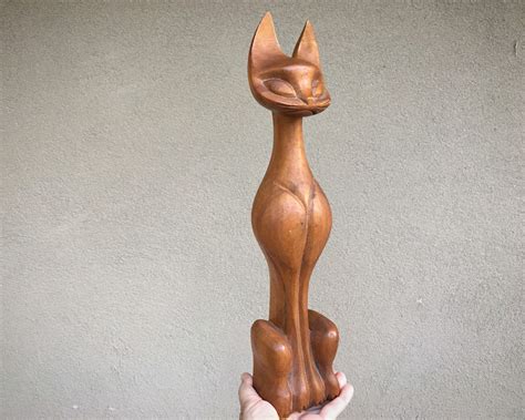 Mid Century Modern Tall Wood Carved Siamese Cat Statue Kitten Owner