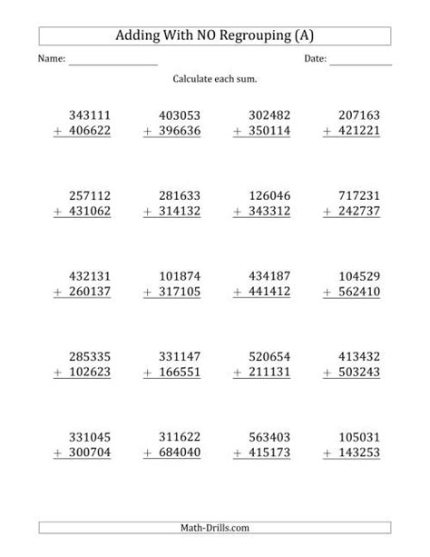 6 digit plus 6 digit addition with no regrouping a