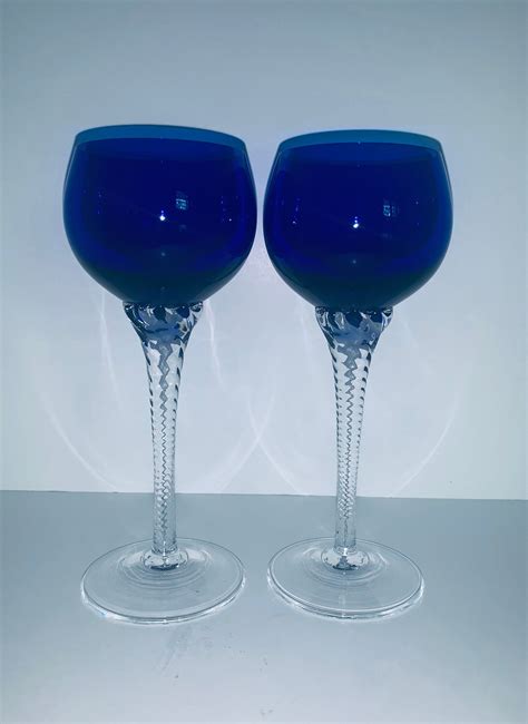 Cobalt Blue Crystal Wine Glasses With Clear Twisted Stem Set Etsy