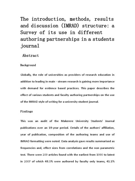 Maybe you would like to learn more about one of these? The introduction, methods, results and discussion (IMRAD ...