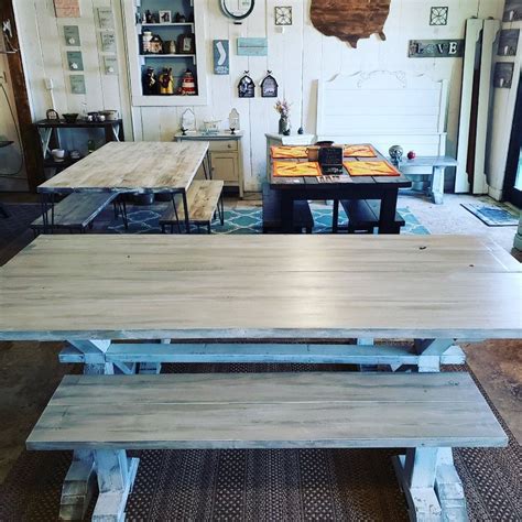 7ft Rustic Farmhouse Table Set With Long Benches Gray White Wash