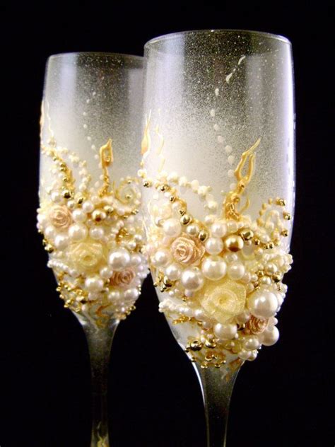 Elegant Wedding Champagne Glasses Hand Decorated With Roses And Pearls