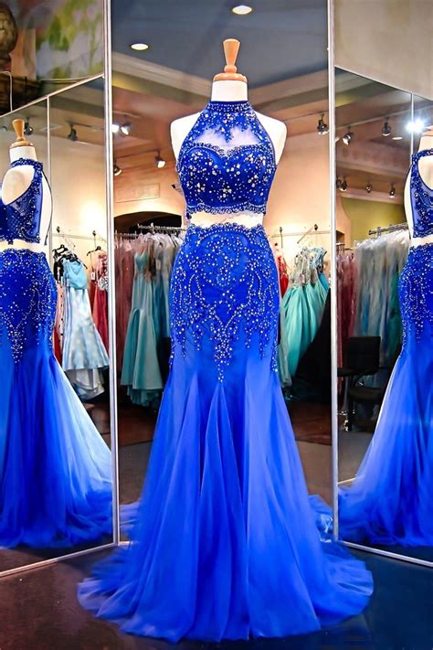Mermaid Halter Keyhole Back Royal Blue Tulle Lace Beaded Two Piece Prom