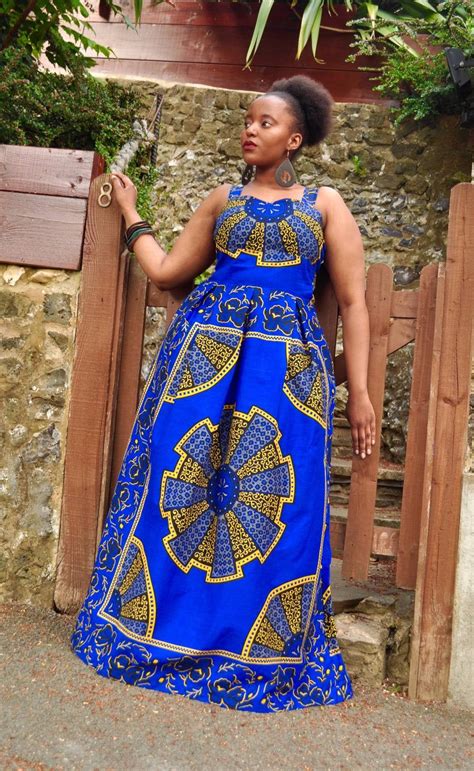 African Print Fit And Flare Maxi Dress In Blue And Mustard Hues It