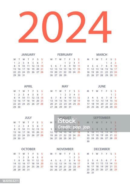 Calendrier 2024 Illustration Vectorielle La Semaine Commence Le Lundi