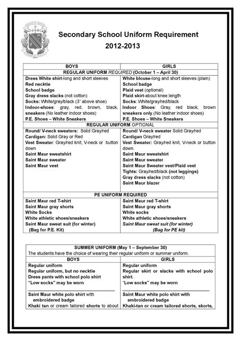 Secondary School Uniform Requirements 2012 13 By Saint Maur