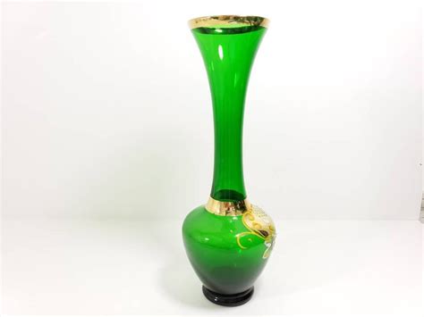 Emerald Green Glass Bud Vase Gold Gilt Enamel Flowers Hand Etsy