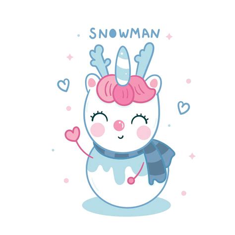 Cute Unicorn Reindeer Snowman Kawaii Cartoon Christmas Winter Character