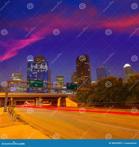 Houston Downtown Skyline At Sunset Dusk Texas Stock Photo Image Of