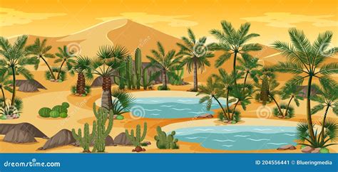 Desert Oasis With Palms And Catus Nature Landscape Scene Stock Vector