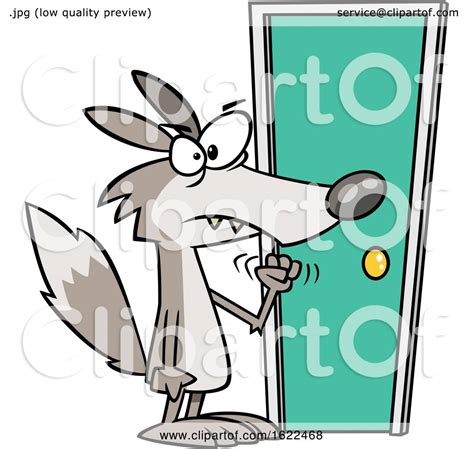 Clipart Of A Cartoon Wolf Knocking On A Door Royalty Free Vector