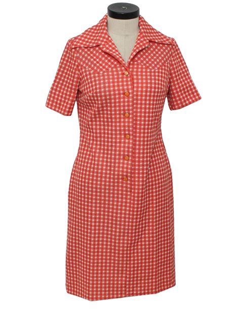 Vintage 1970s Dress 70s Missing Label Womens Red And White Gingham