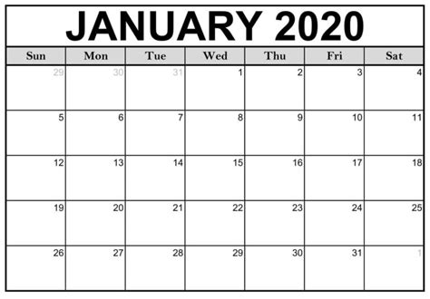 January Calendar 2020 For Daily Planning And Organising Free