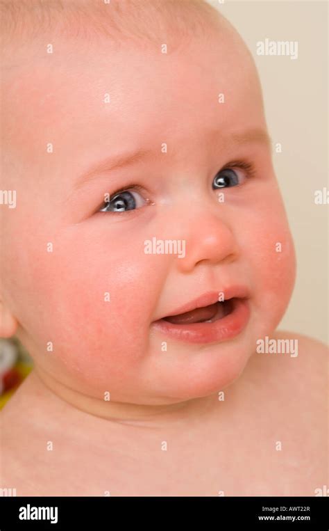 White Tear Tears 6 Month Old Baby Girl Unhappy Portrait Hi Res Stock