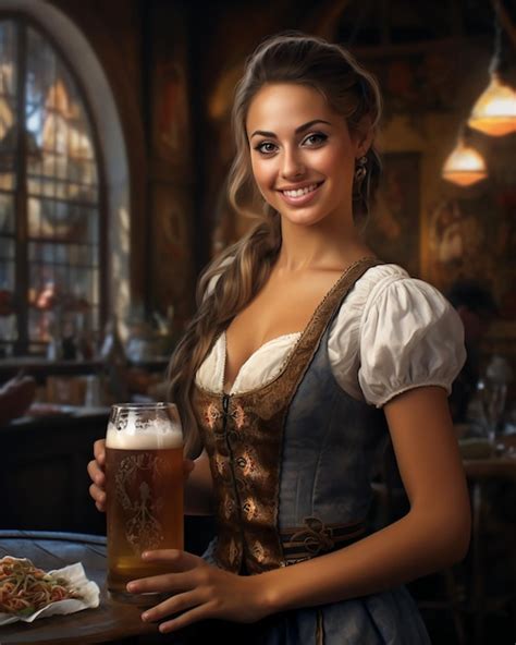 Premium Ai Image Beautiful Waitress In A Traditional European Style Tavern Oktoberfest Festival