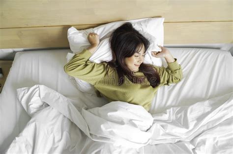 Portrait Of Beauty Happy Asian Woman Awaking Wake Up On The Bed Sleep Stock Image Image Of