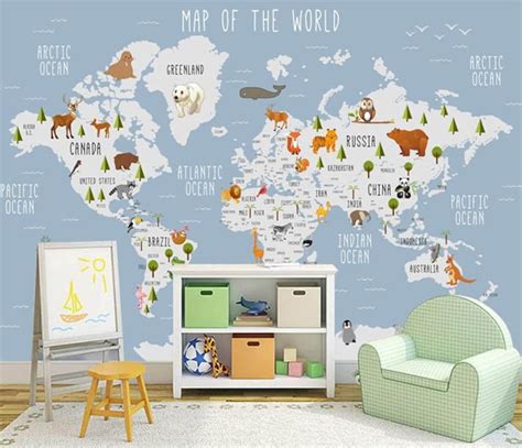 Kids World Map Wallpaper Wall Murals Animals Kids Children Etsy
